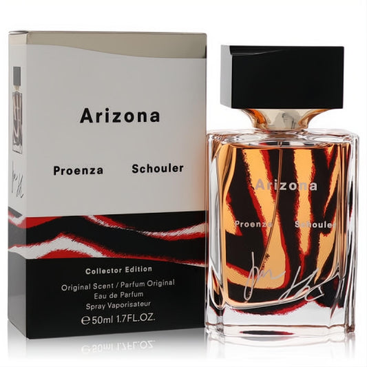 Arizona Proenza Schouler Collector's Edition 1.7oz EDP. Faceted glass bottle with warm amber liquid, sleek black cap, and modern white box.
