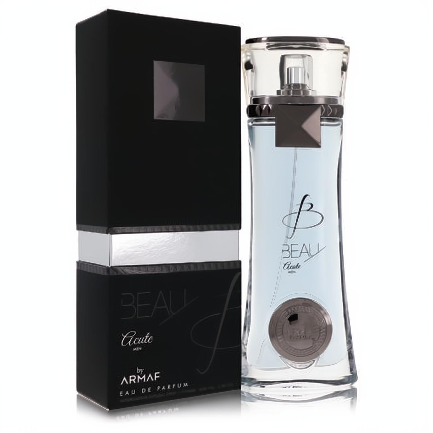 Armaf Acute men's Eau de Parfum spray: sleek clear glass bottle with crisp blue liquid, alongside its elegant black and silver branded box.