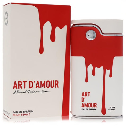 Armaf Art D' Amour 3.38 oz women's EDP. White bottle & box with bold, artistic red paint drip design.