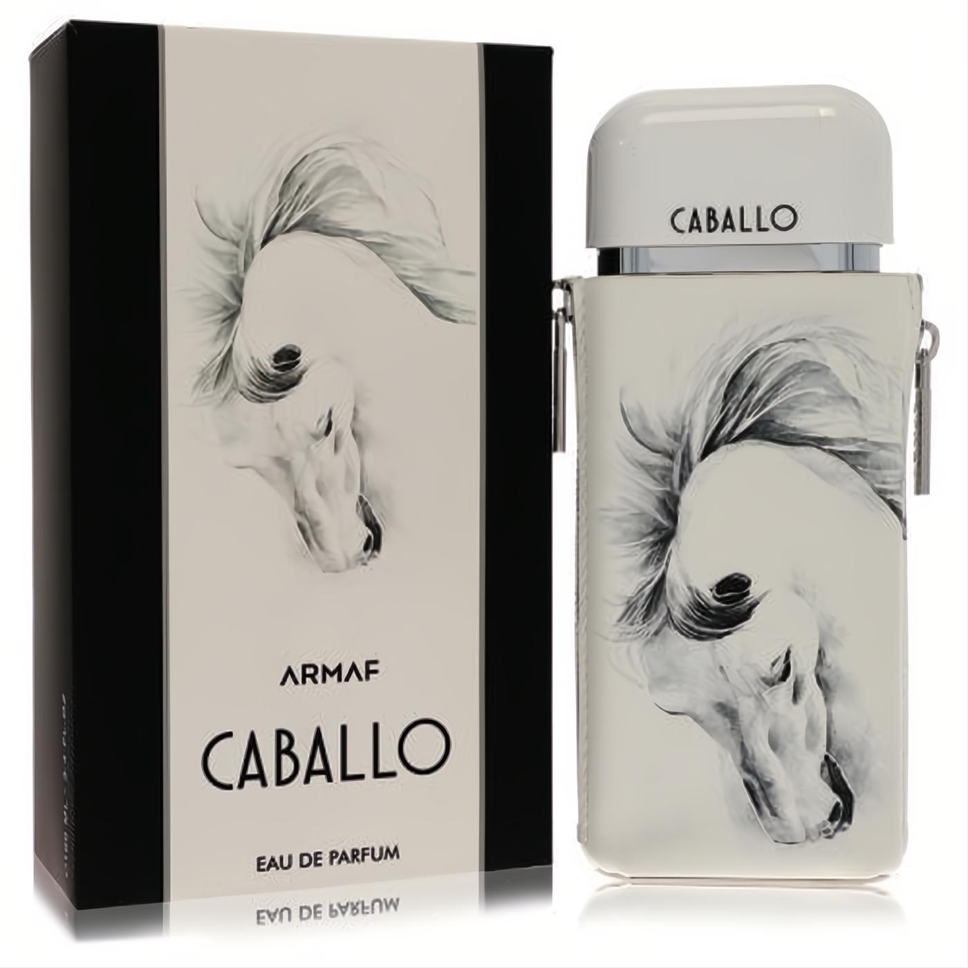 Armaf Caballo 3.4 oz EDP for men. Sophisticated beige bottle with a majestic white horse design, white cap, and matching box.