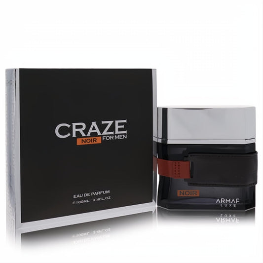 Armaf Craze Noir 3.4 oz men's EDP. Sleek black bottle, silver cap, and stylish orange leather strap with matching box.