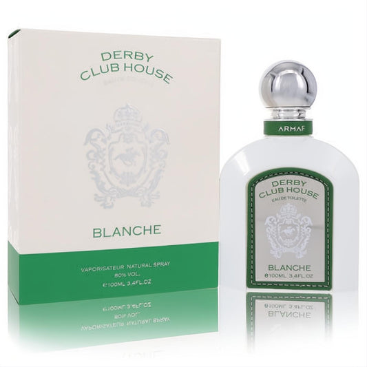 Elegant Armaf Derby Club House Blanche 3.4 oz EDT, a crisp white bottle with silver cap and green accents, next to its stylish box.