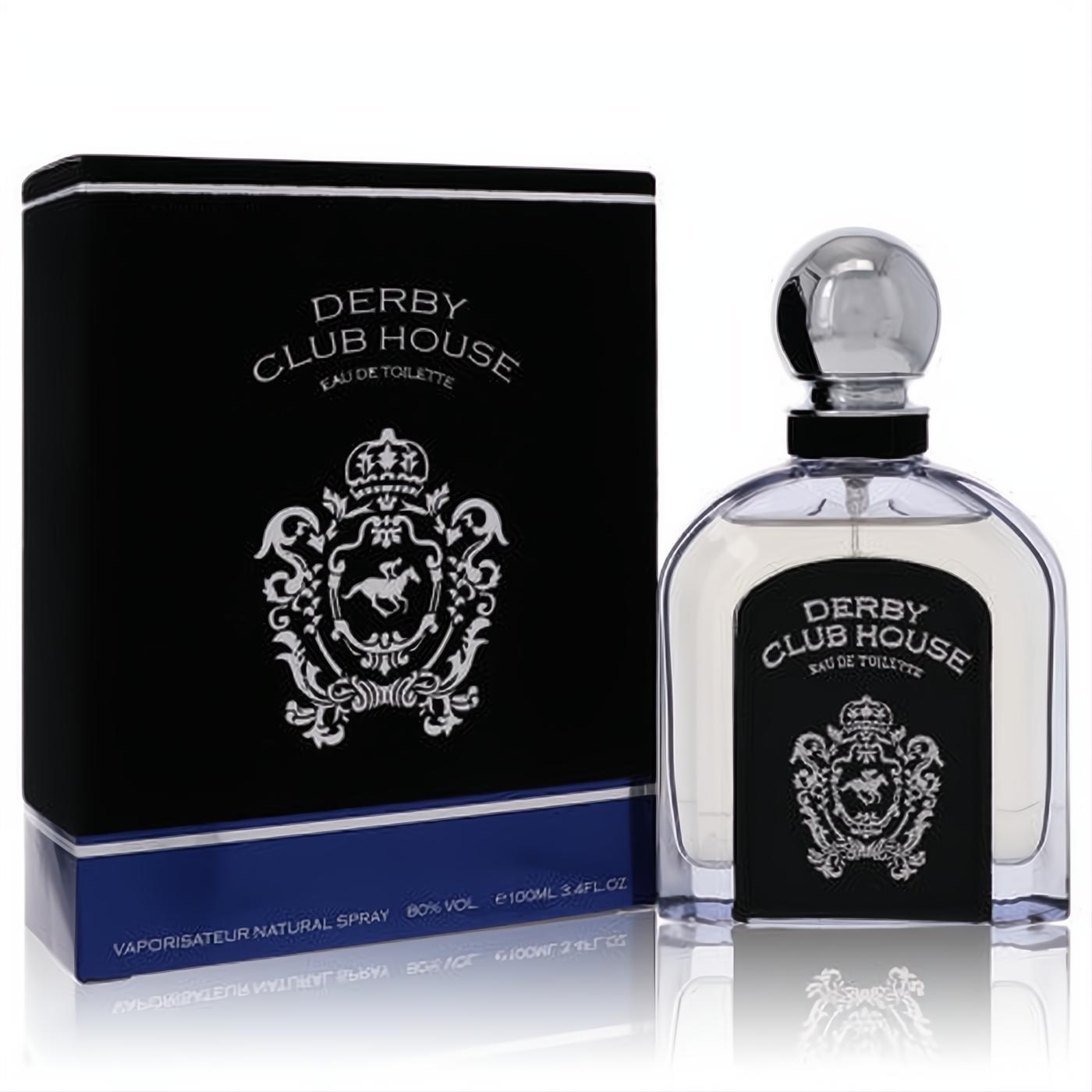 Armaf Derby Club House 3.4 oz men's EDT. Clear glass bottle with silver cap, bold black label, and matching black crest box.