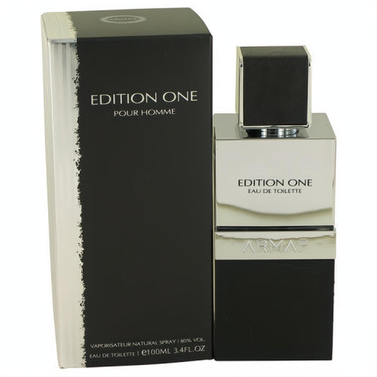 Armaf Edition One 3.4 oz men's EDT. Elegant black, white, and silver bottle with a textured cap and matching box.