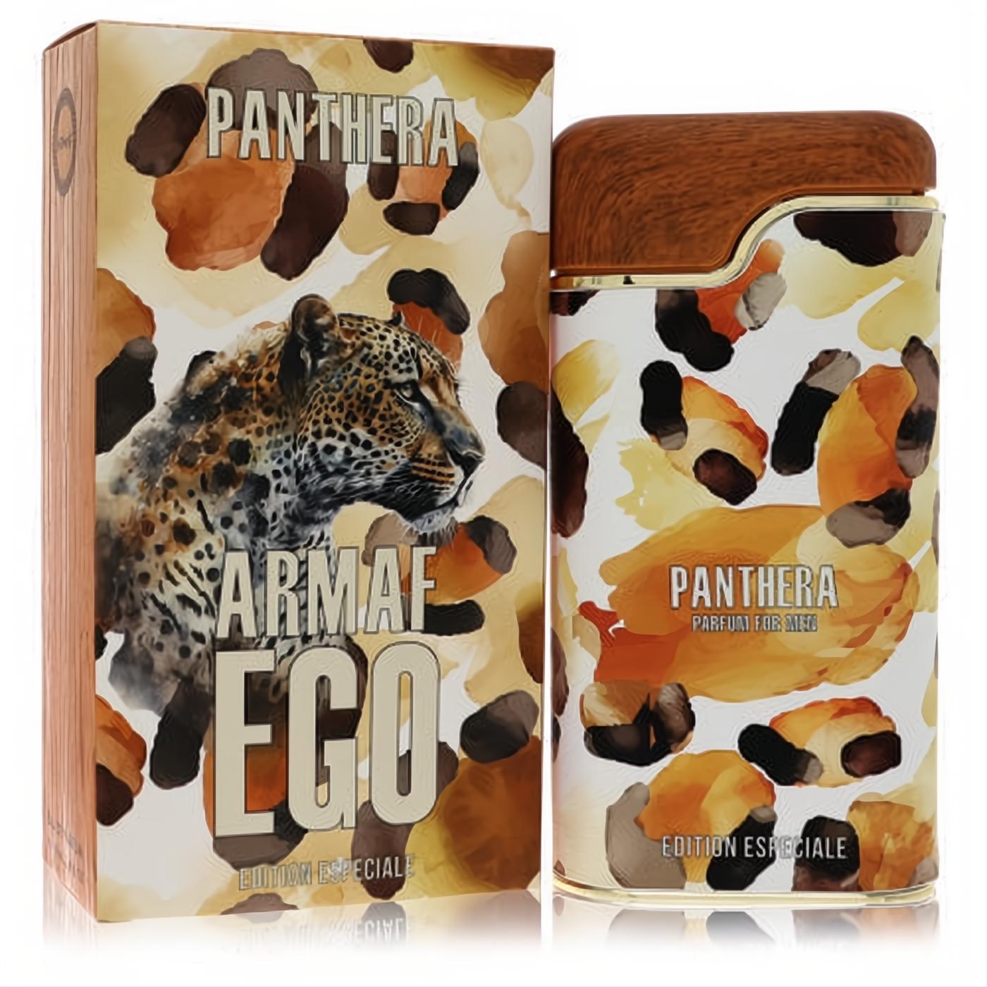 Armaf Ego Panthera unisex fragrance. Striking jaguar print bottle and box with warm brown, orange, gold, and a luxurious wood-grain cap.