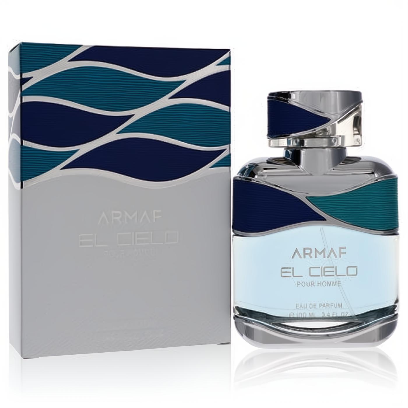 Fresh Armaf El Cielo 3.4 oz men's Eau De Parfum in a sleek glass bottle and silver box with dynamic blue wave patterns.