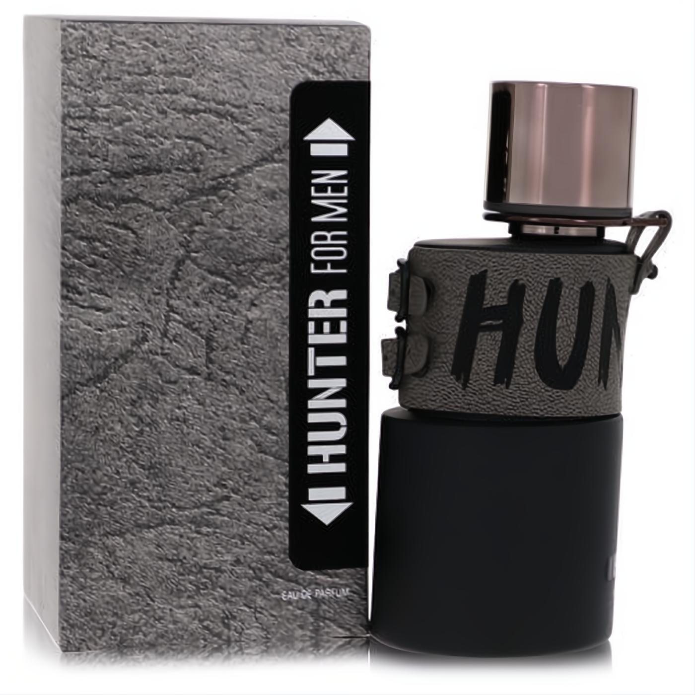 Armaf Hunter Intense 3.4 oz EDP for men. Rugged black bottle with textured grip, metallic cap, and matching grey box.