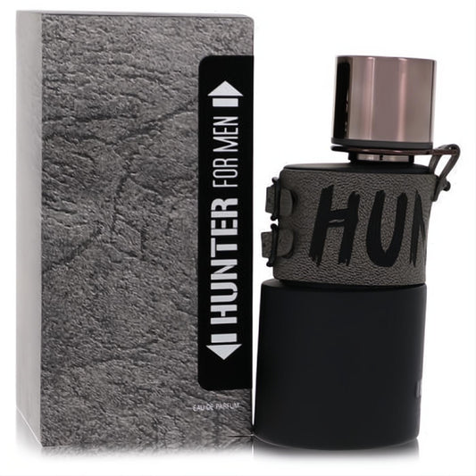 Armaf Hunter Intense 3.4 oz EDP for men. Rugged black bottle with textured grip, metallic cap, and matching grey box.