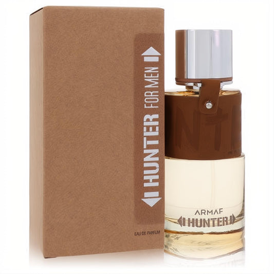 Armaf Hunter 3.4 oz men's EDP. Bold brown textured box and a striking bottle with a dark brown top, clear base, and silver cap.