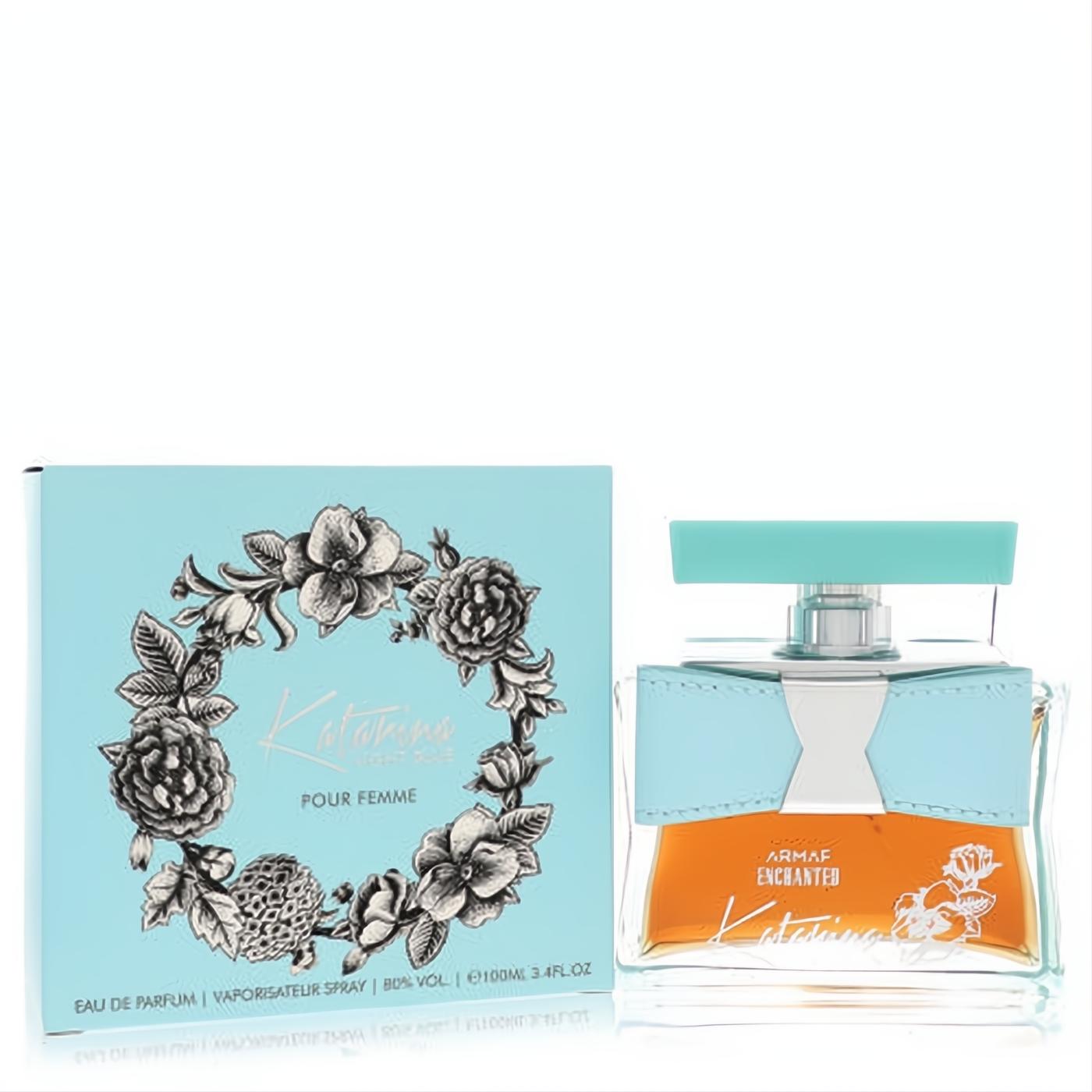Experience Armaf Katarina Light Blue 3.4 oz women's EDP. Chic light blue bottle with amber liquid, silver accents, and matching floral box.