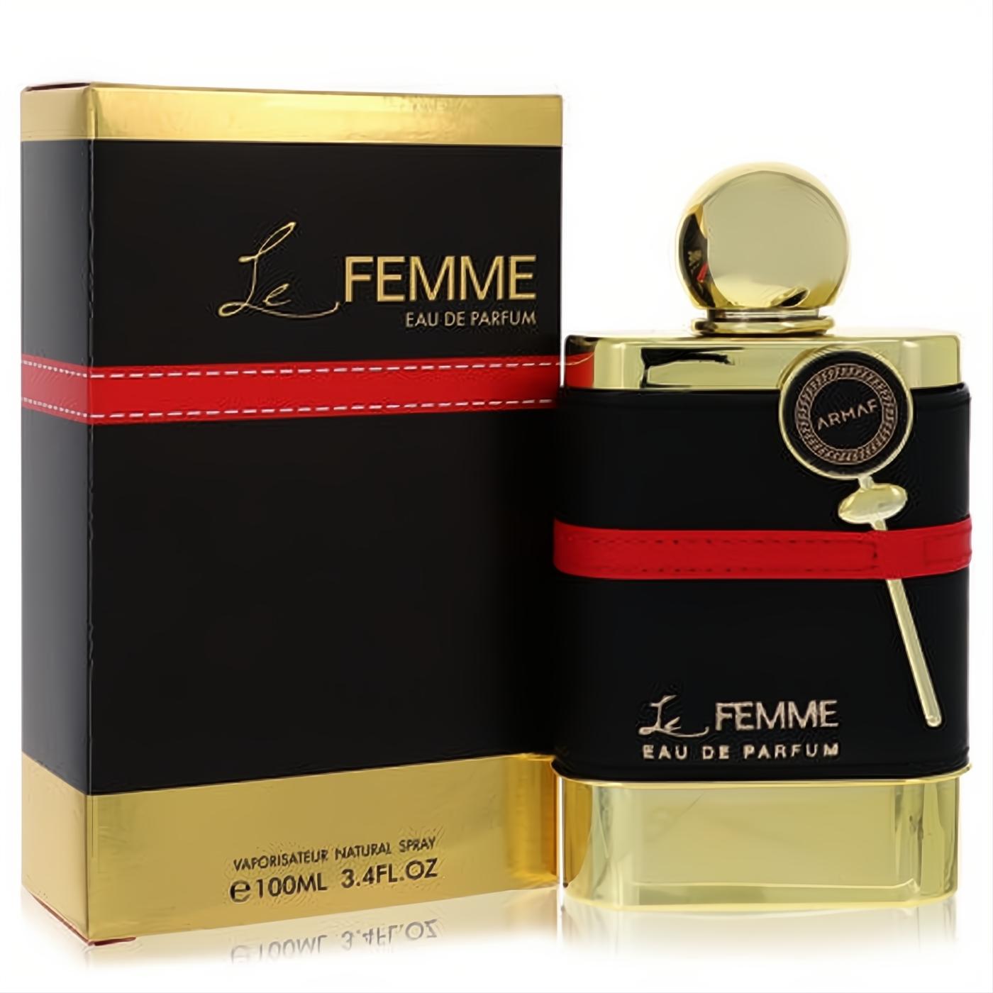 Luxurious Armaf Le Femme 3.4 oz EDP for women, featuring a sleek black and gold bottle with a stylish red band and matching box.