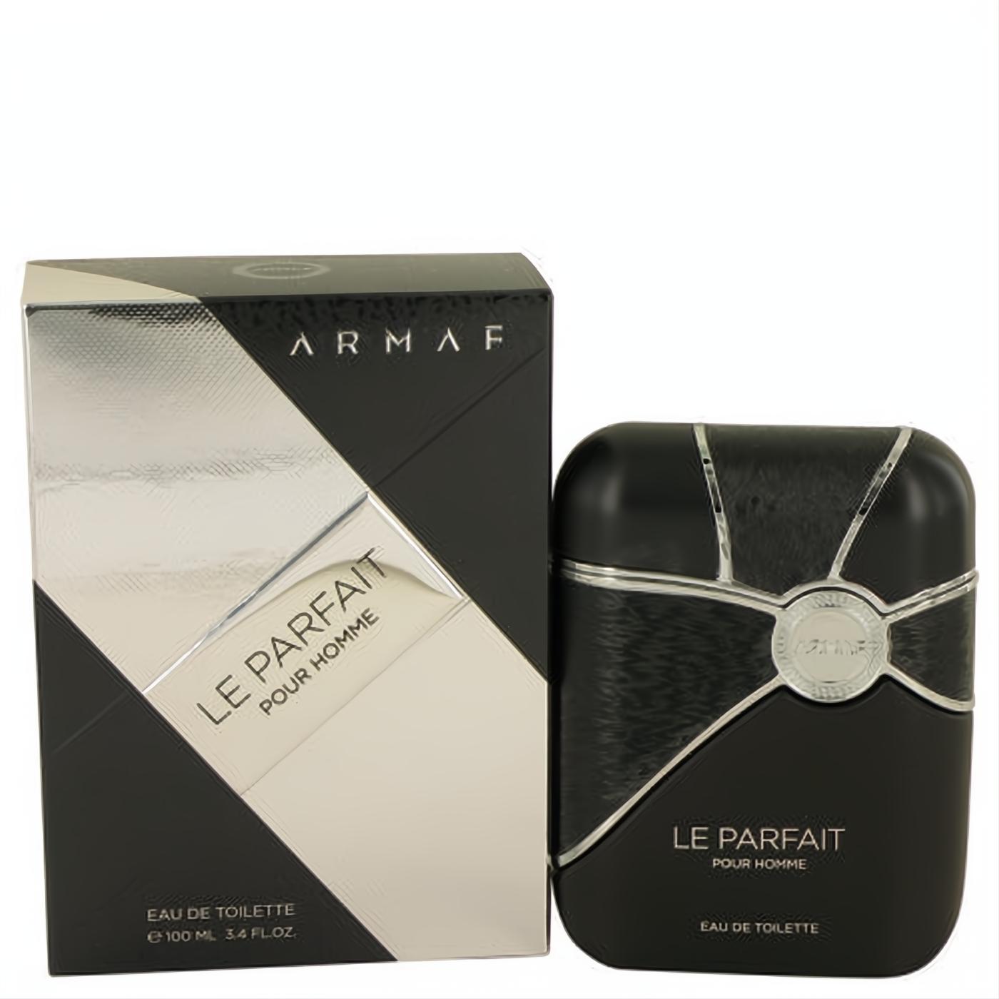 Discover Armaf Le Parfait 3.4 oz men's fragrance. Sleek matte black bottle with striking silver geometric accents and matching box.