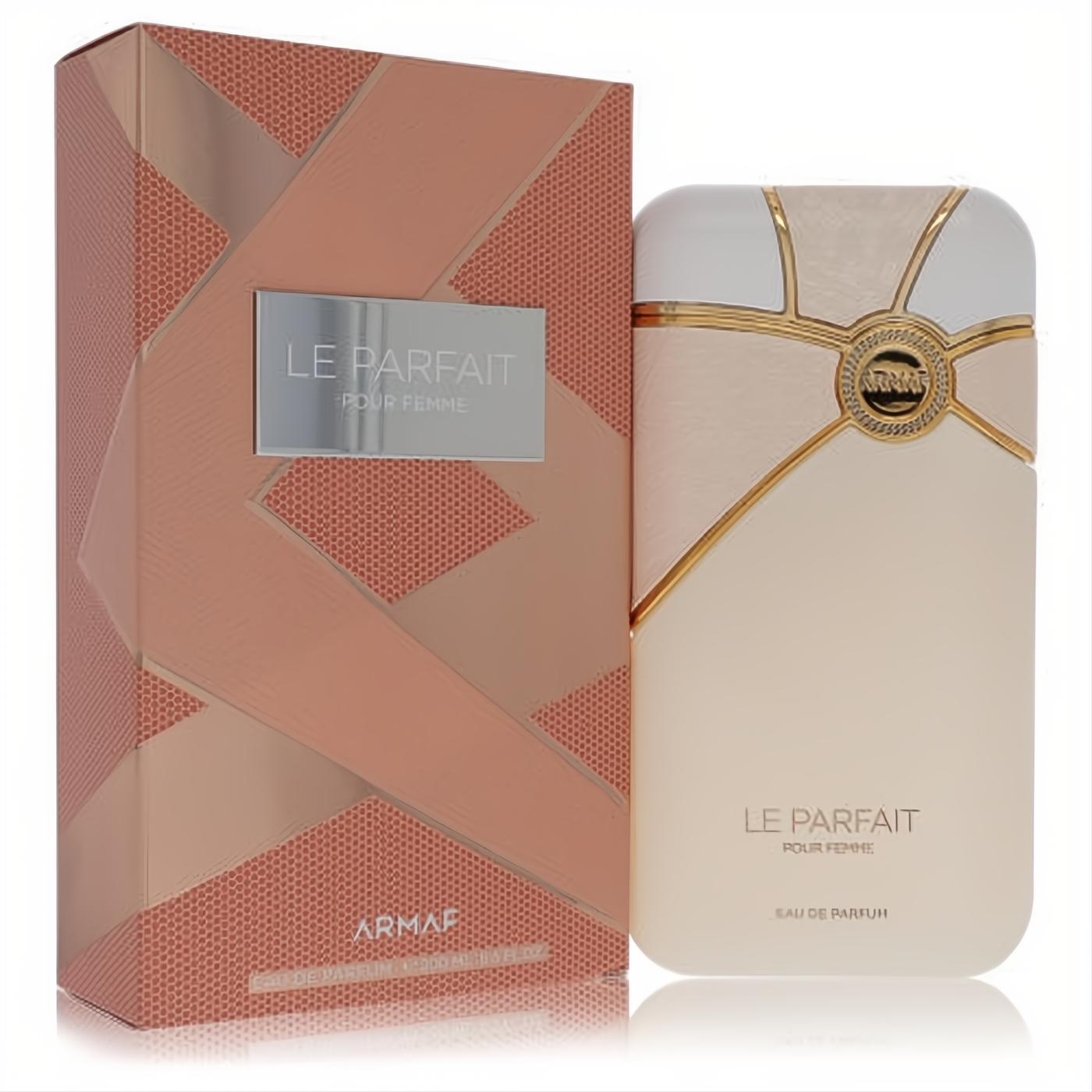Armaf Le Parfait Pour Femme EDP: elegant cream bottle with gold accents, next to a stylish rose gold geometric box.
