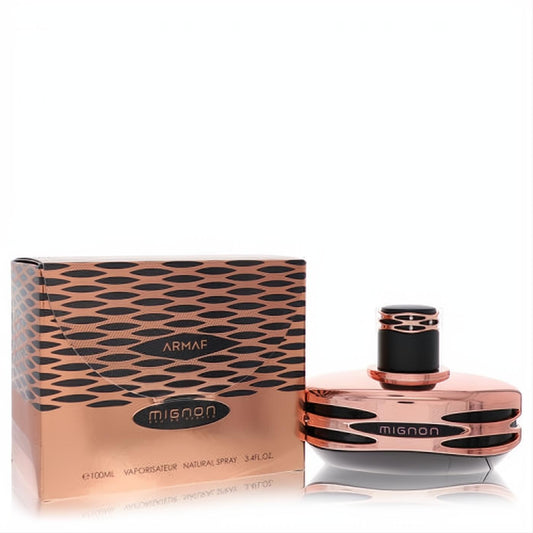 Elegant Armaf Mignon Black 3.4 oz women's perfume in a sleek rose gold bottle with black accents, beside its matching patterned box.