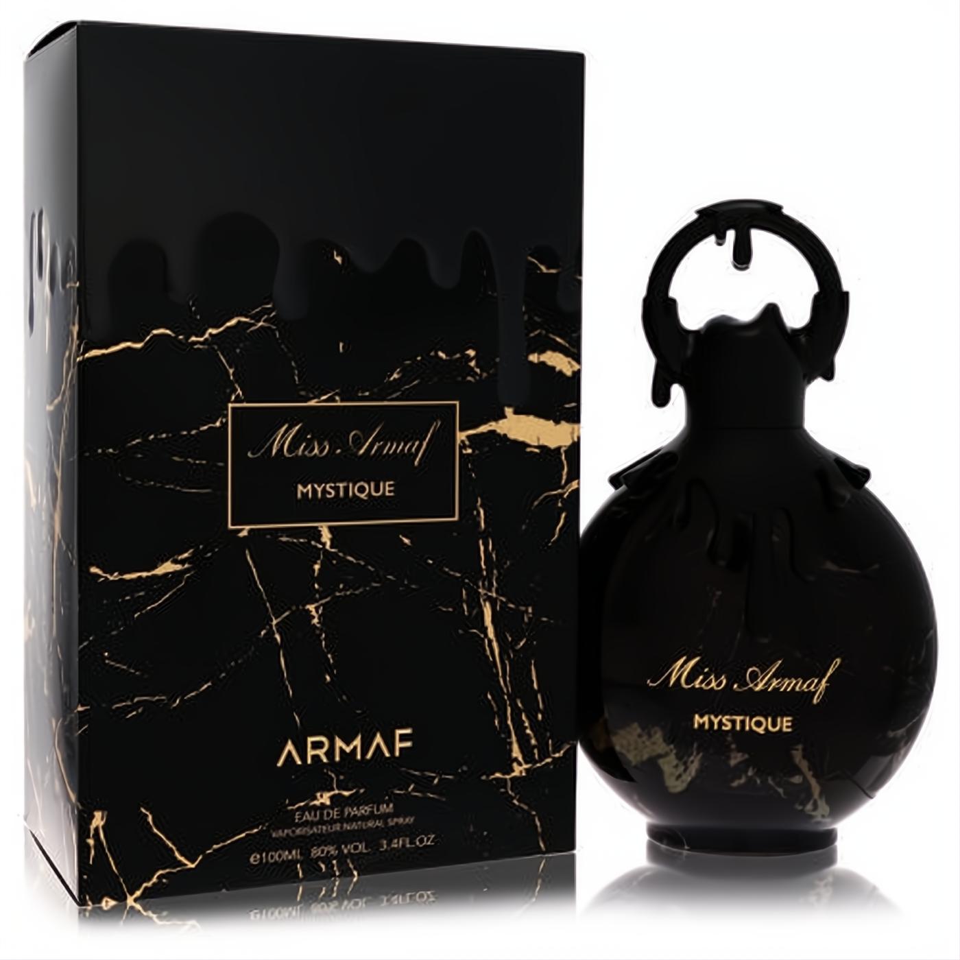 Luxurious Armaf Miss Armaf Mistique 3.4 oz women's perfume. Features a unique black and gold marbled bottle with an elegant matching box.