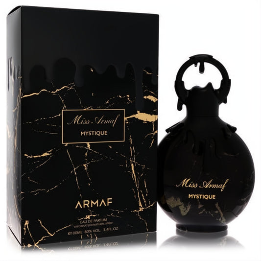 Luxurious Armaf Miss Armaf Mistique 3.4 oz women's perfume. Features a unique black and gold marbled bottle with an elegant matching box.