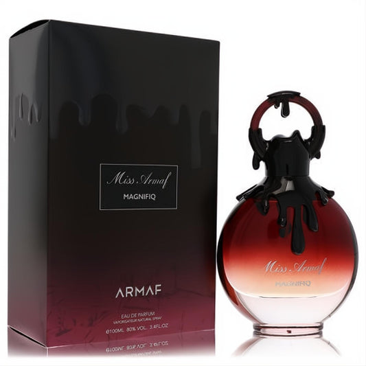 Luxurious Armaf Miss Magnifiq 3.4 oz EDP. Ombre red glass bottle, unique black drip cap, and elegant matching box.