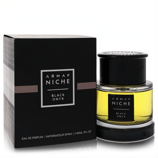 Luxurious Armaf Niche Black Onyx 3oz fragrance. Elegant black box and clear glass bottle with vibrant yellow liquid.