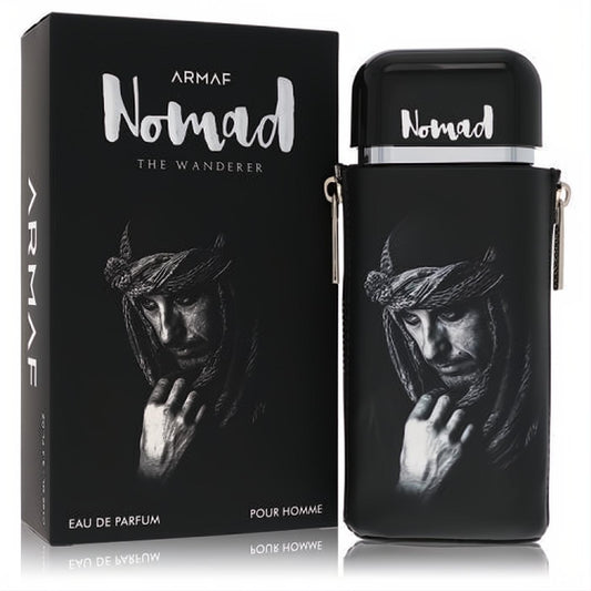 Armaf Nomad The Wanderer 3.38 oz men's EDP spray. Bold black bottle with a wanderer illustration and metallic details, displayed with its matching box.