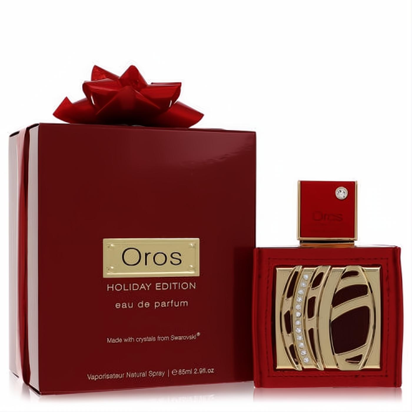 Armaf Oros Holiday 2.9oz women's perfume. Elegant red bottle with gold design, dazzling Swarovski crystals, and matching gift box.
