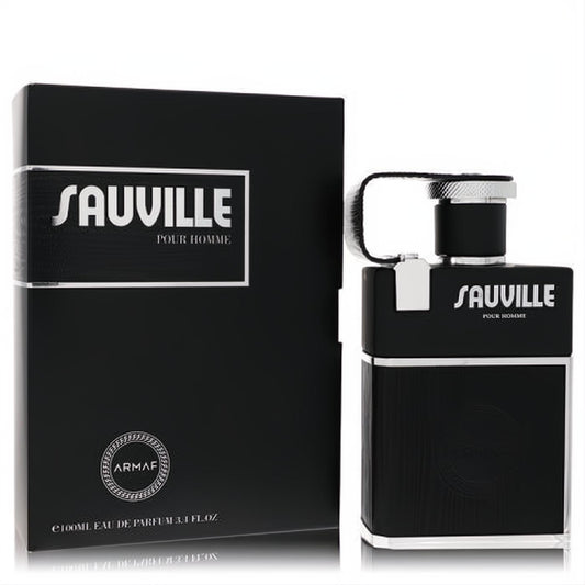 Armaf Sauville 3.4 oz men's EDP in a sleek black textured flask with silver cap and unique handle, beside its matching box.
