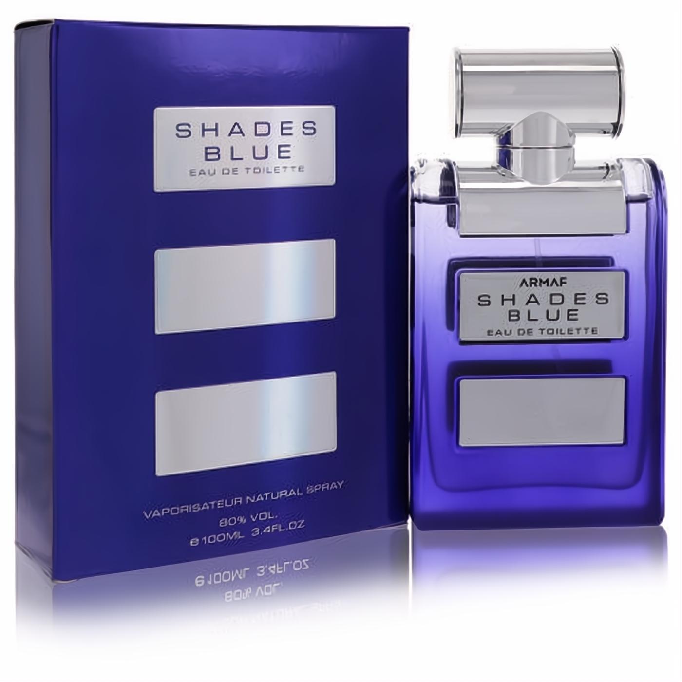 Armaf Shades Blue 3.4 oz men's cologne. Elegant deep blue glass bottle and box with sleek silver design.