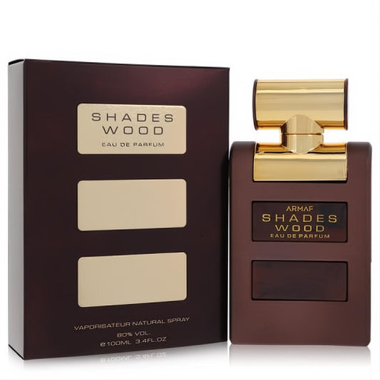 Luxurious Armaf Shades Wood 3.4 oz EDP for men. Rich dark brown bottle with a bold gold cap, showcasing its elegant design.