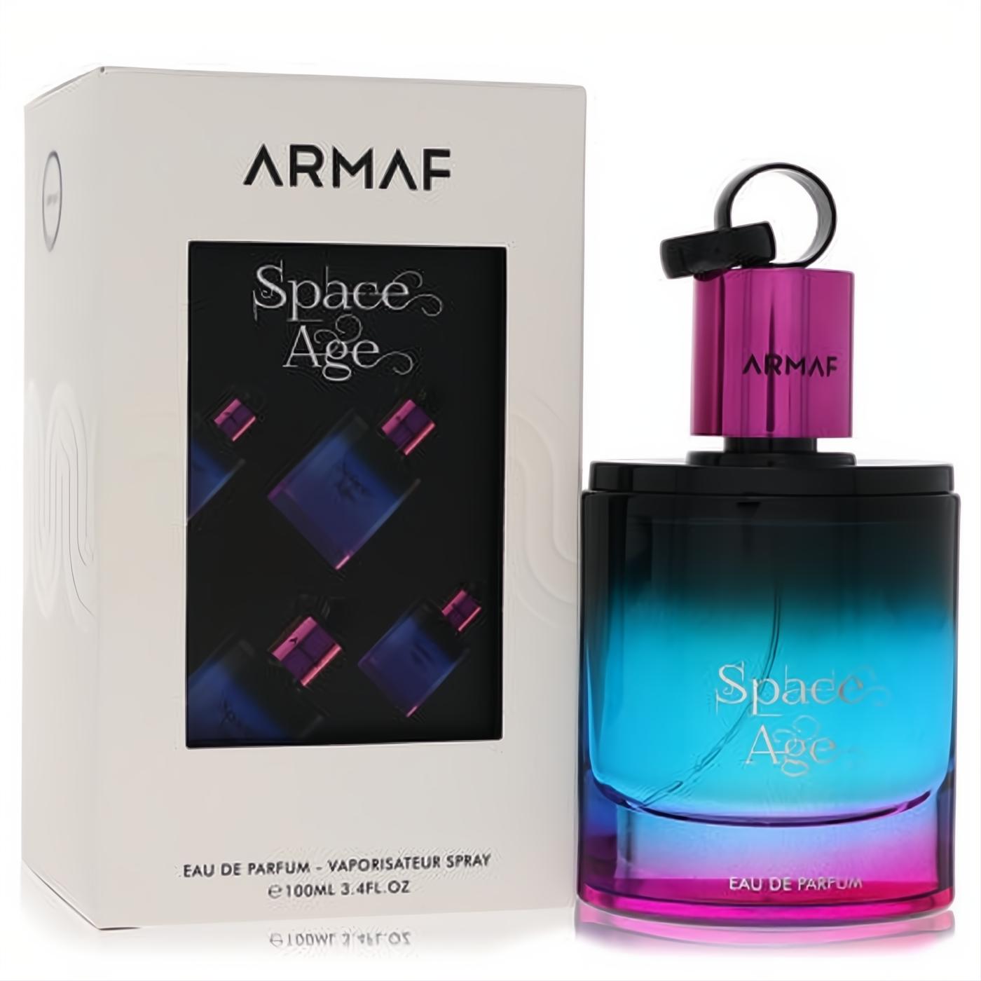 Unisex Armaf Space Age 3.4 oz EDP spray. Captivating blue-to-pink gradient bottle with a sleek black cap and modern design.