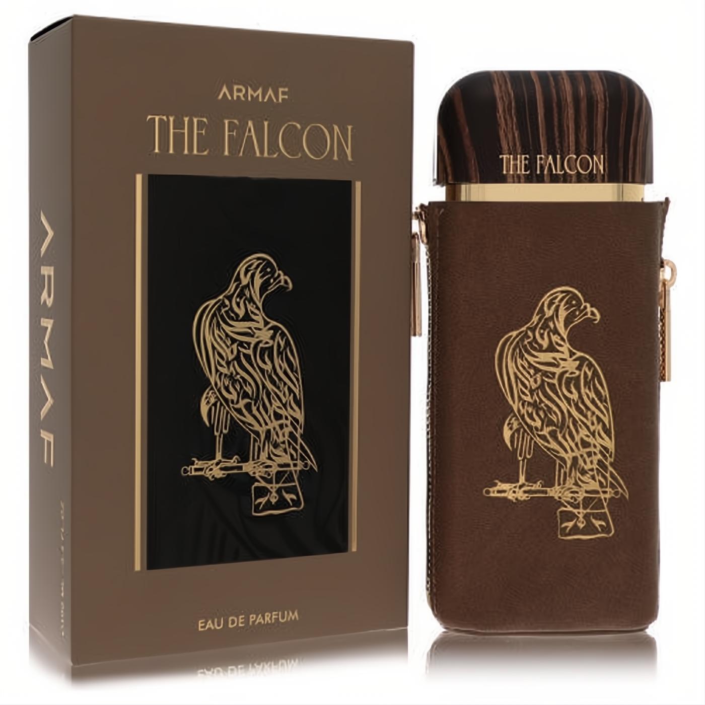 Luxurious Armaf The Falcon unisex EDP 3.4 oz. Brown leather-sleeved bottle with gold falcon design and wood-grain cap, beside matching box.