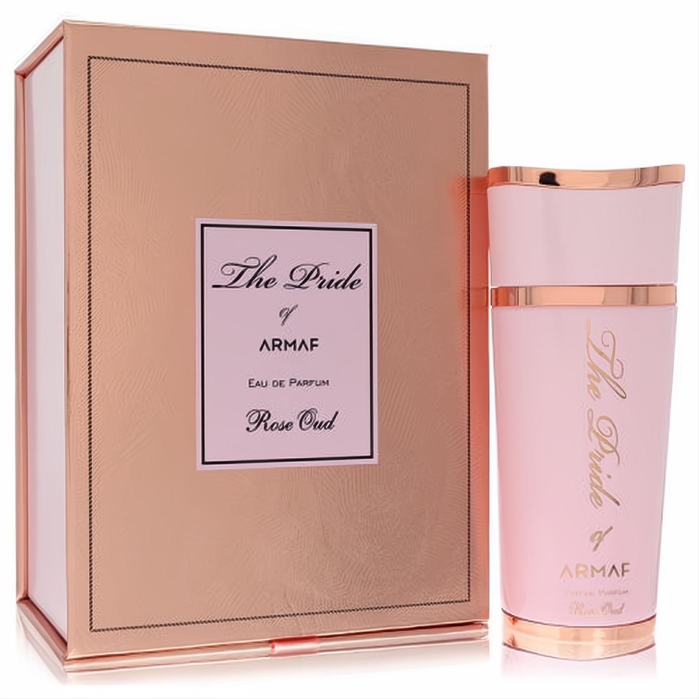 Luxurious Armaf The Pride Rose Oud 3.4 oz women's perfume. Features a stunning pink bottle with rose gold accents and matching textured box.