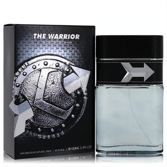Armaf The Warrior 3.4 oz EDT for men. Sleek clear bottle with black textured cap & silver arrow, beside its bold black box.