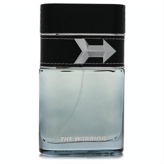 Armaf The Warrior men's cologne: sleek clear glass bottle with light blue fragrance, black textured cap, and bold silver arrow emblem.
