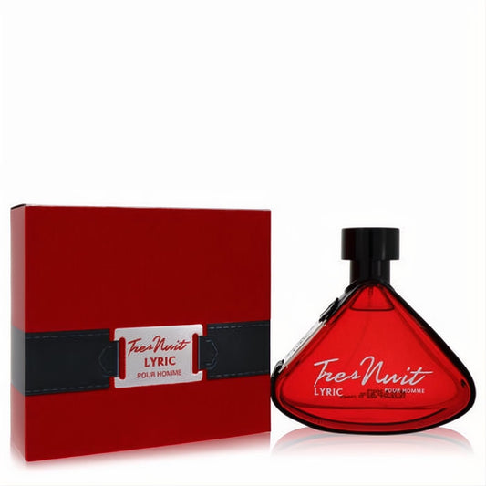 Bold Armaf Tres Nuit Lyric 3.4 oz men's fragrance: sleek red triangular bottle and matching box with black band.