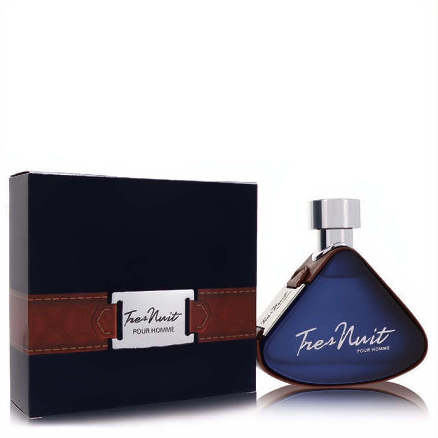 Sophisticated Armaf Tres Nuit 3.4 oz men's fragrance in a dark blue triangular bottle with a stylish brown leather strap.