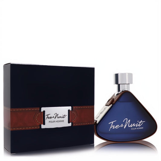 Sophisticated Armaf Tres Nuit 3.4 oz men's fragrance in a dark blue triangular bottle with a stylish brown leather strap.