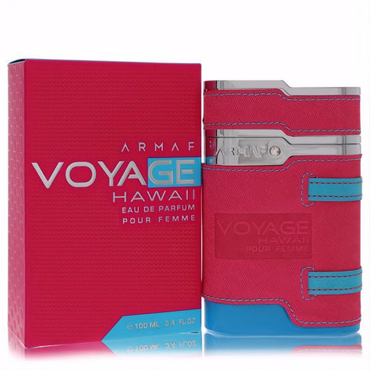 Armaf Voyage Hawaii 3.4 oz EDP: vibrant pink textured bottle with blue straps, silver trim, and matching box.