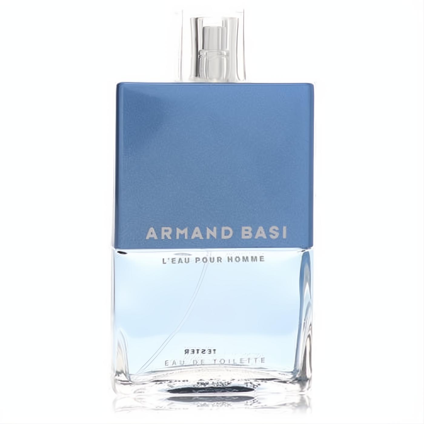 Armand Basi L'eau Pour Homme men's EDT tester. Striking two-tone blue and clear glass bottle with a sleek, modern design.