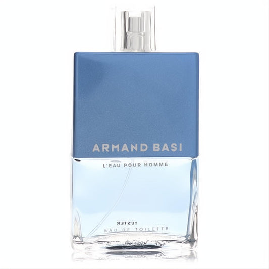 Armand Basi L'eau Pour Homme men's EDT tester. Striking two-tone blue and clear glass bottle with a sleek, modern design.