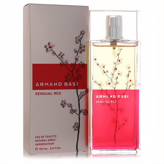 Elegant Armand Basi Sensual Red 3.4 oz EDT spray bottle, clear with a vibrant red base and delicate cherry blossom design, beside its matching box.