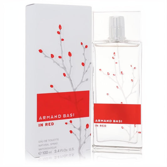 Armand Basi In Red 3.4 oz Eau De Toilette spray. Clear glass bottle with vibrant red berry branch design and matching white box.
