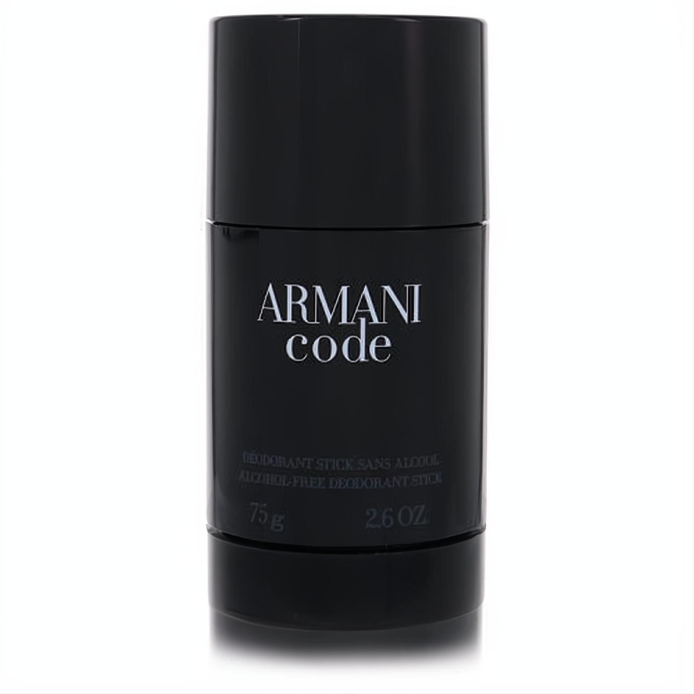 Sleek black Armani Code men's alcohol-free deodorant stick, 2.6 oz, featuring bold white branding for a sophisticated look.