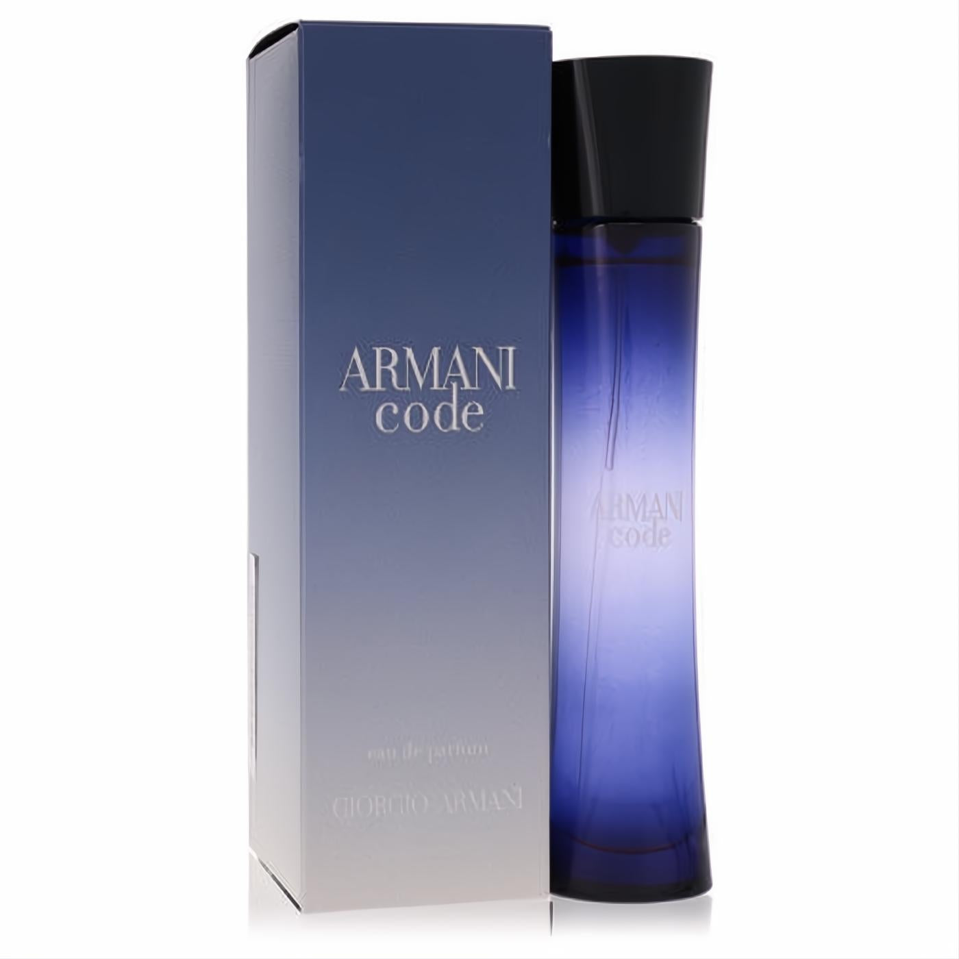 Sophisticated Armani Code 1.7 oz women's Eau De Parfum. Features a sleek dark blue bottle and elegant gradient blue box.