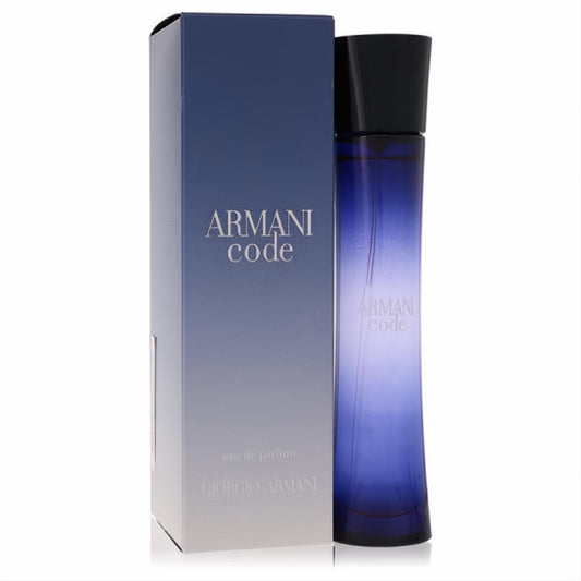 Sophisticated Armani Code 1.7 oz women's Eau De Parfum. Features a sleek dark blue bottle and elegant gradient blue box.