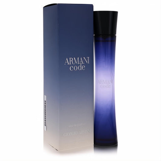 Armani Code 2.5 oz women's Eau De Parfum. Elegant, curved dark blue gradient glass bottle and matching box.