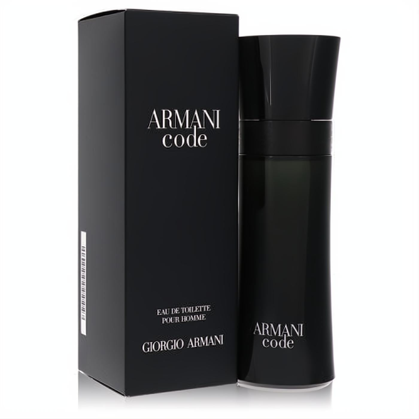Sophisticated Armani Code 2.5 oz EDT for men. Sleek black glass spray bottle and elegant matching box.