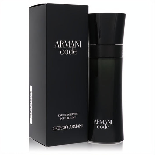 Sophisticated Armani Code 2.5 oz EDT for men. Sleek black glass spray bottle and elegant matching box.