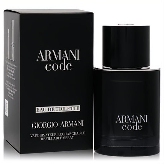 Refillable Armani Code 1.7 oz men's Eau De Toilette in a sleek black bottle, presented with its elegant matching box.