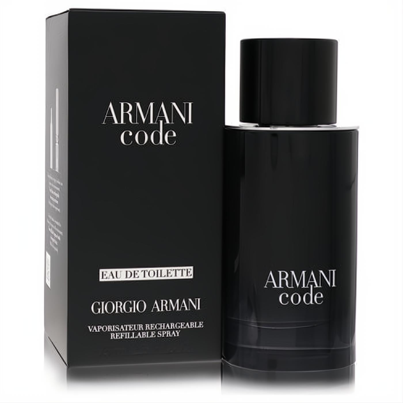 Sophisticated Armani Code by Giorgio Armani 2.5 oz Eau De Toilette refillable spray in a sleek black bottle and matching box.