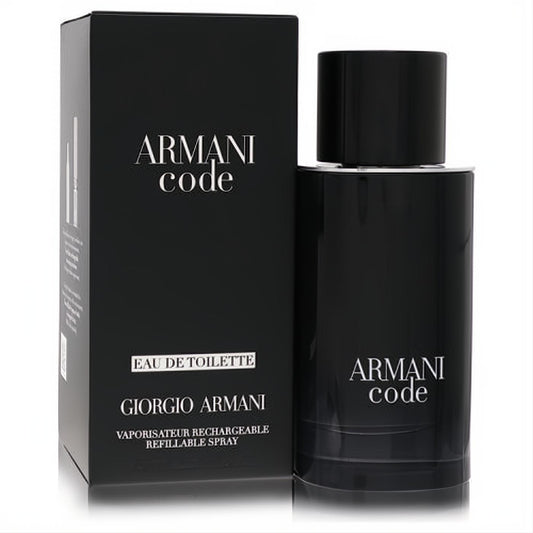 Sophisticated Armani Code by Giorgio Armani 2.5 oz Eau De Toilette refillable spray in a sleek black bottle and matching box.