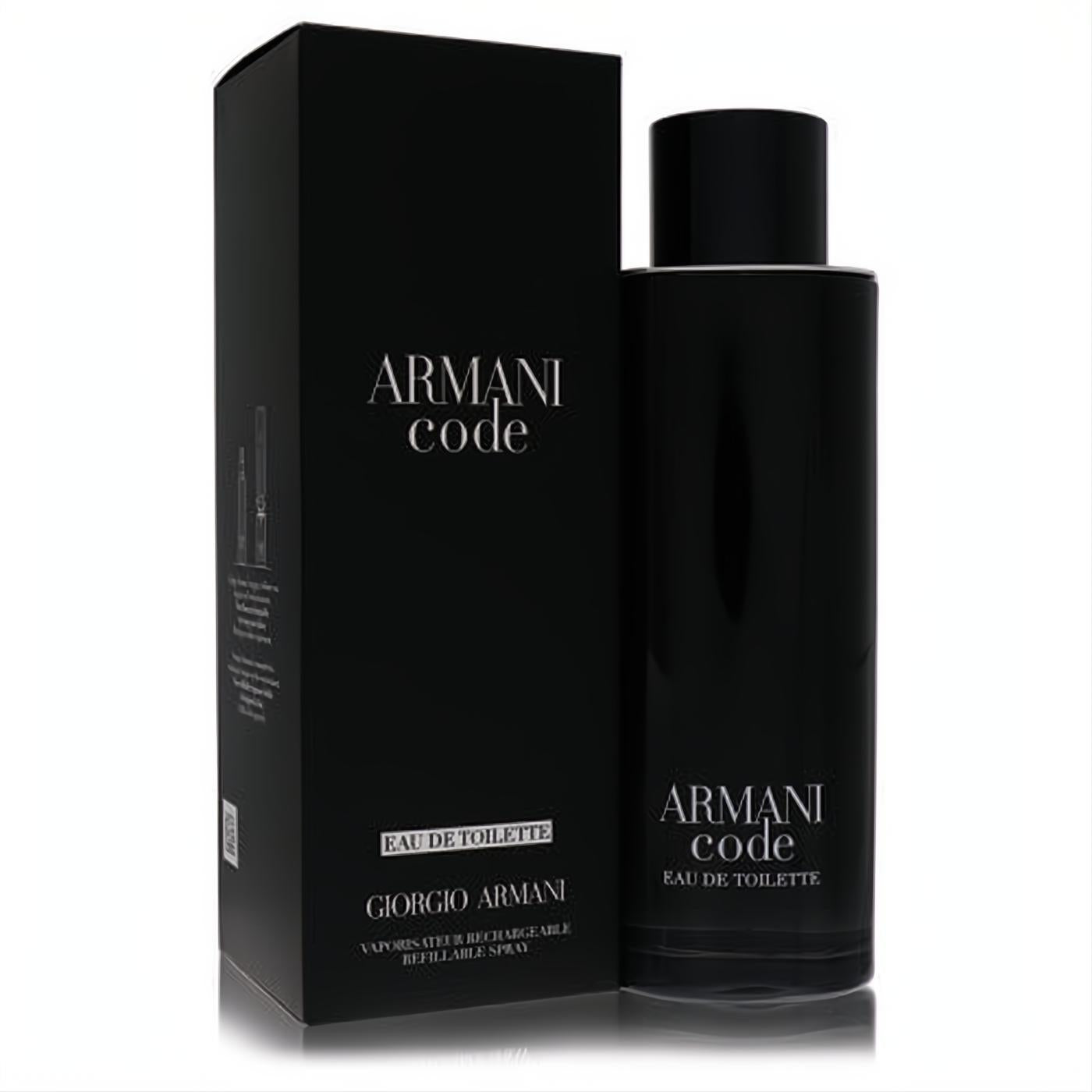 Experience luxury with Armani Code 6.7 oz Eau De Toilette. Sleek black refillable spray bottle and elegant matching box.